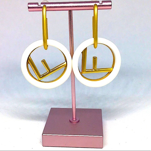 F Luxury Earrings Hoops Brushed Gold White Fashion Design NEW - Picture 5 of 7